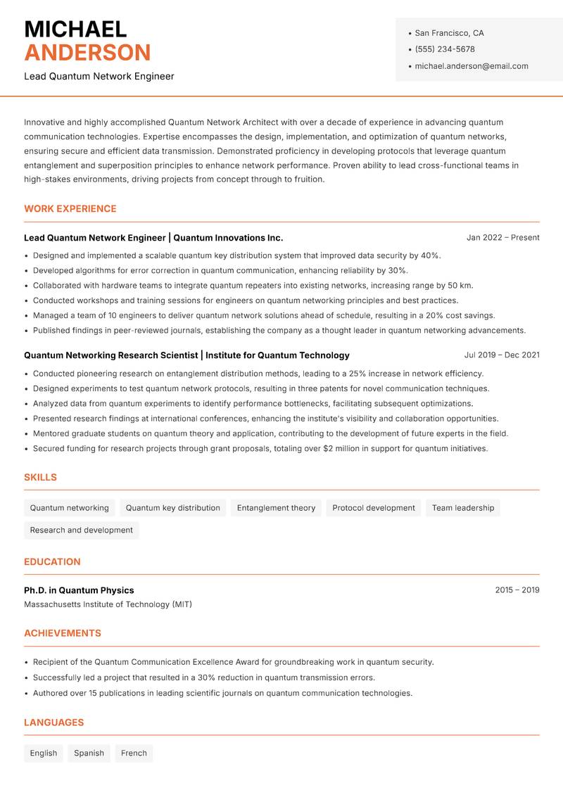 Quantum Network Architect resume template — Modern Professional