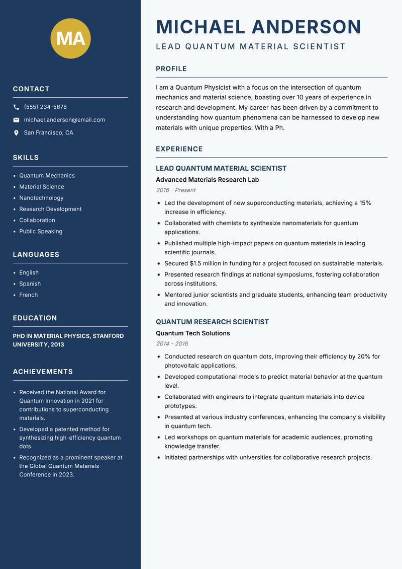 Quantum Physicist resume template — Classic Clean