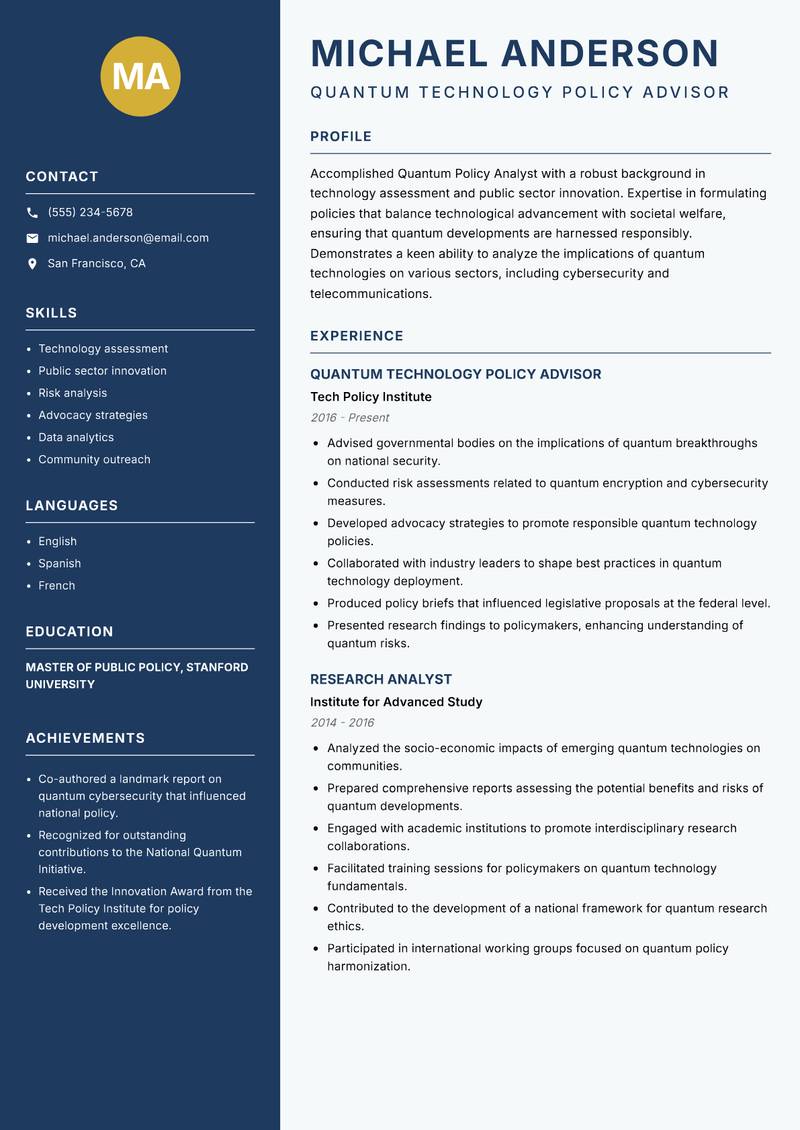 Quantum Policy Analyst resume template — Classic Clean
