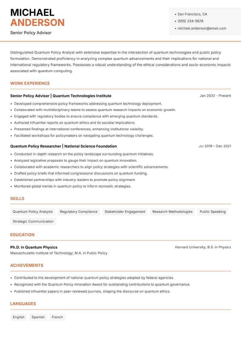 Quantum Policy Analyst resume template — Modern Professional