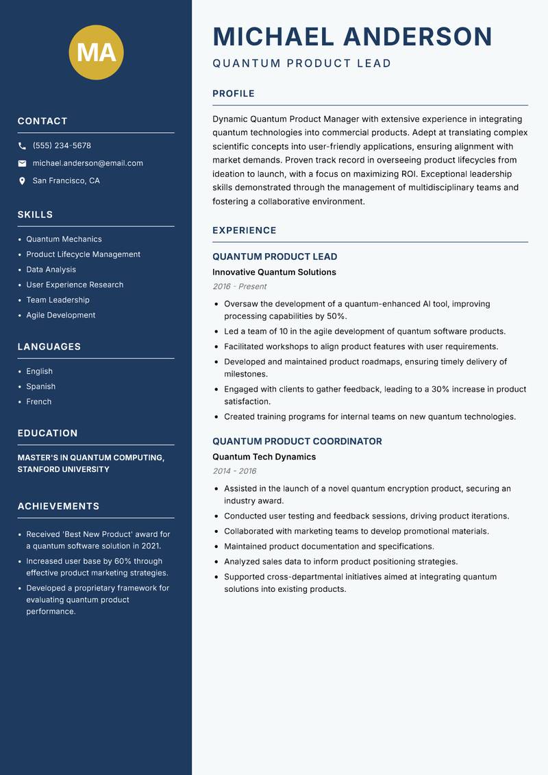Quantum Product Manager resume template — Classic Clean