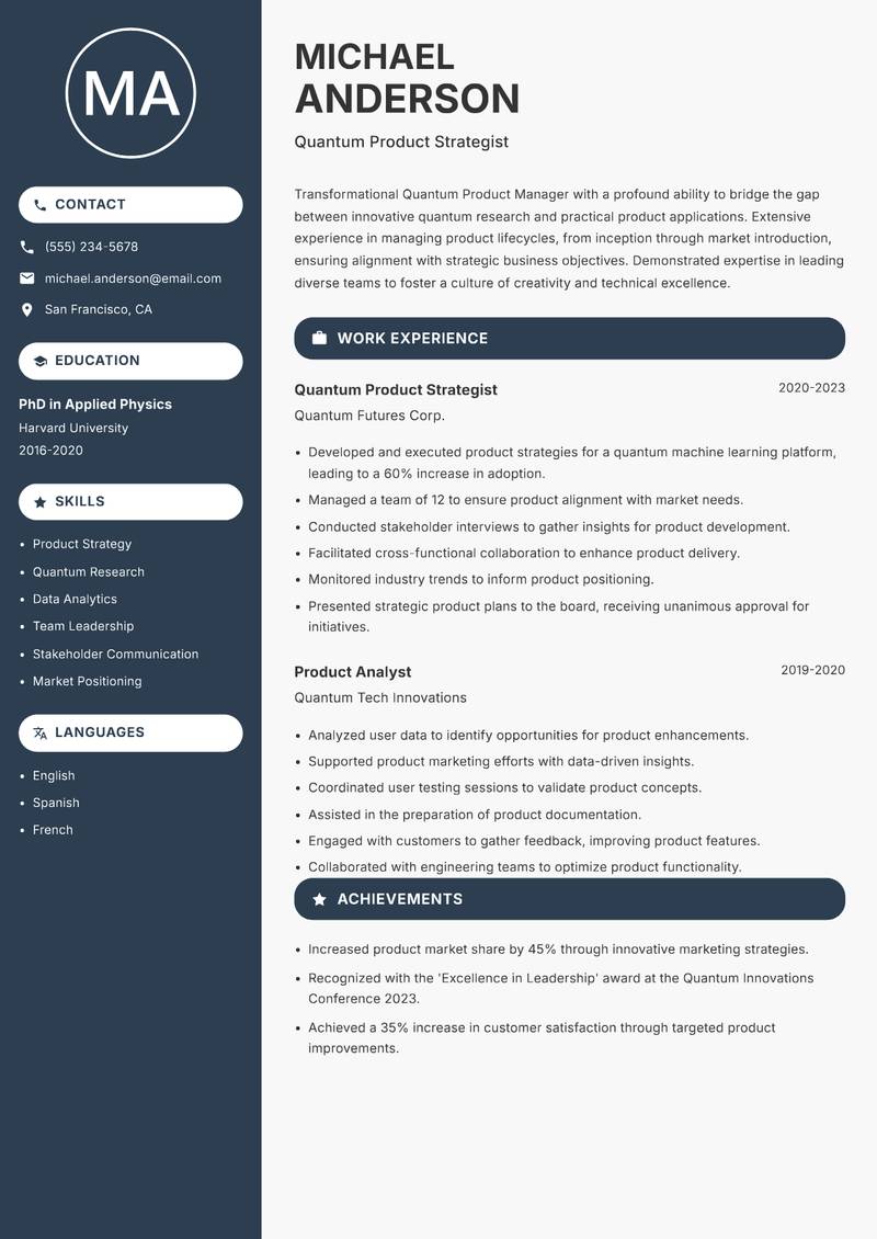 Quantum Product Manager resume template — Compact