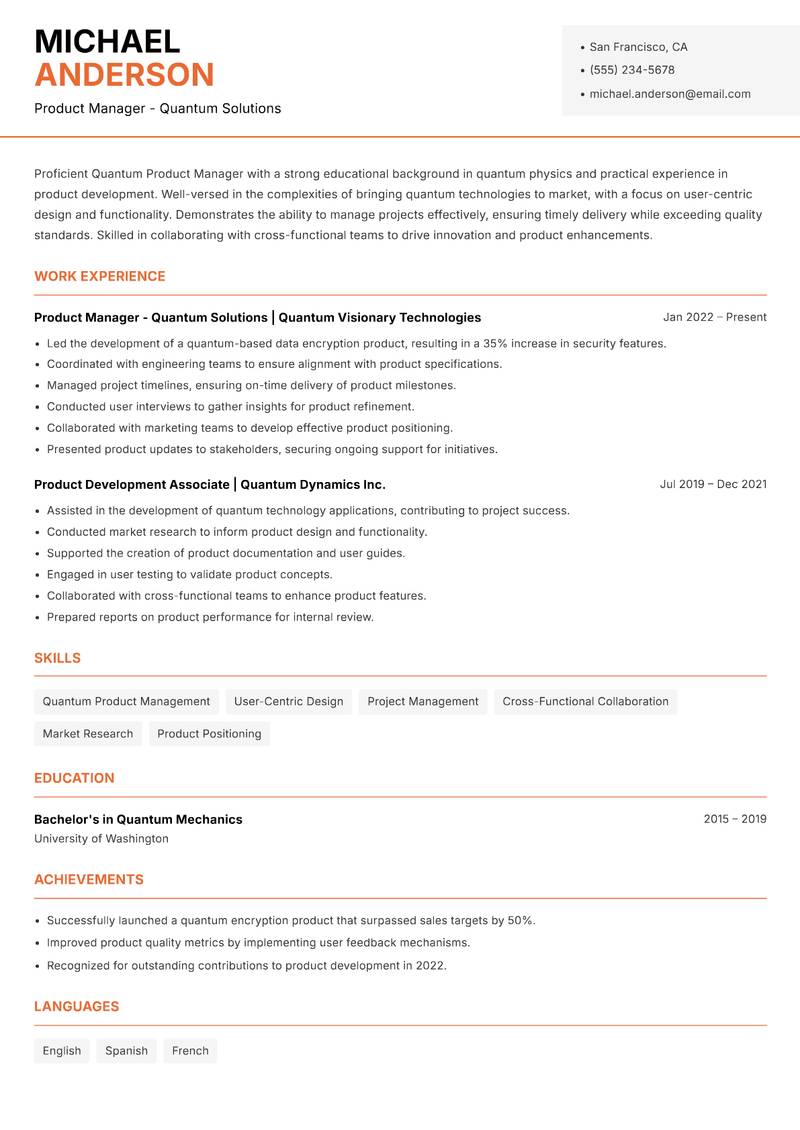 Quantum Product Manager resume template — Modern Professional