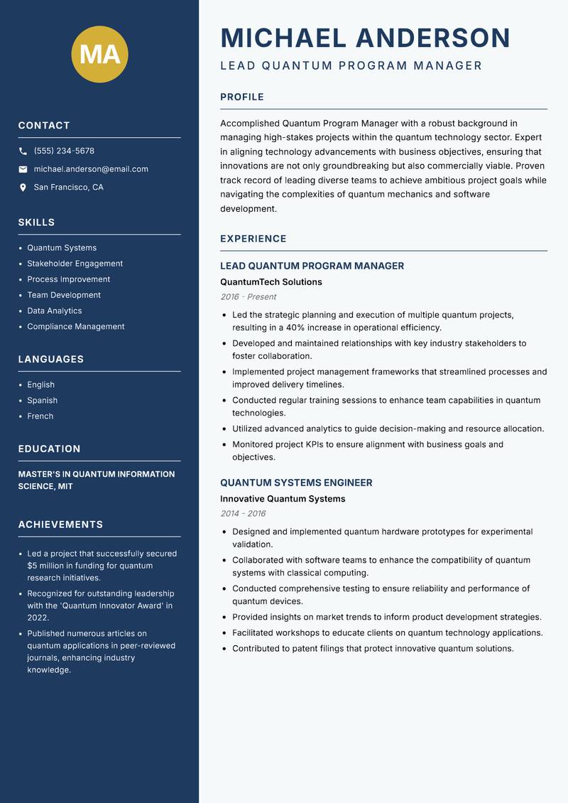 Quantum Program Manager resume template — Classic Clean