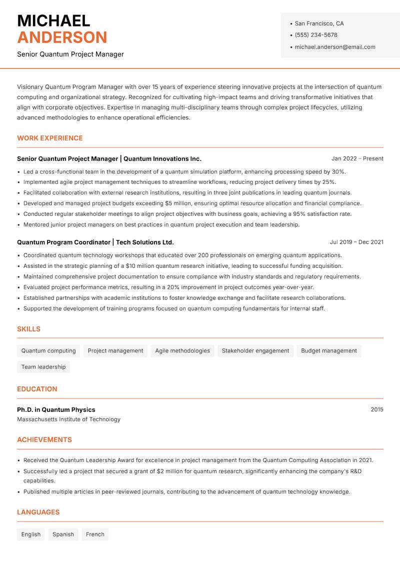 Quantum Program Manager resume template — Modern Professional