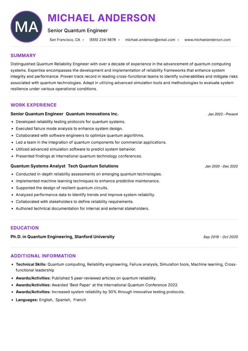 Quantum Reliability Engineer resume example — ATS-friendly template