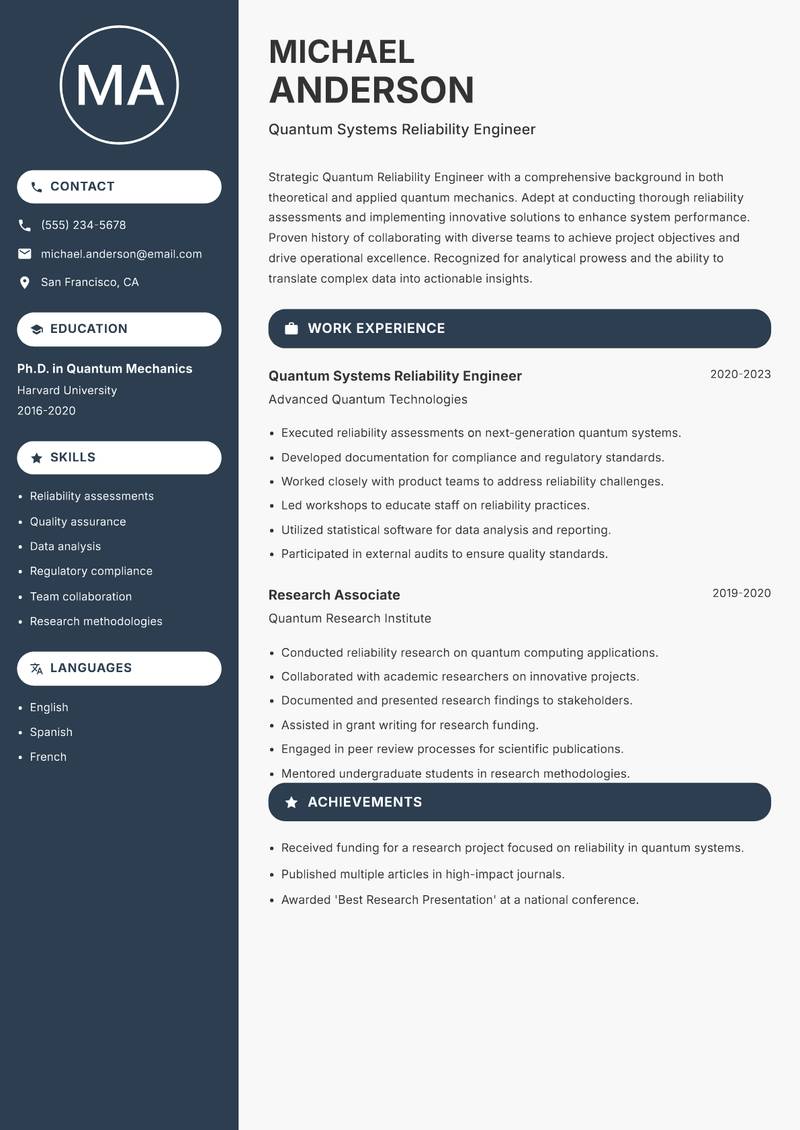 Quantum Reliability Engineer resume template — Compact