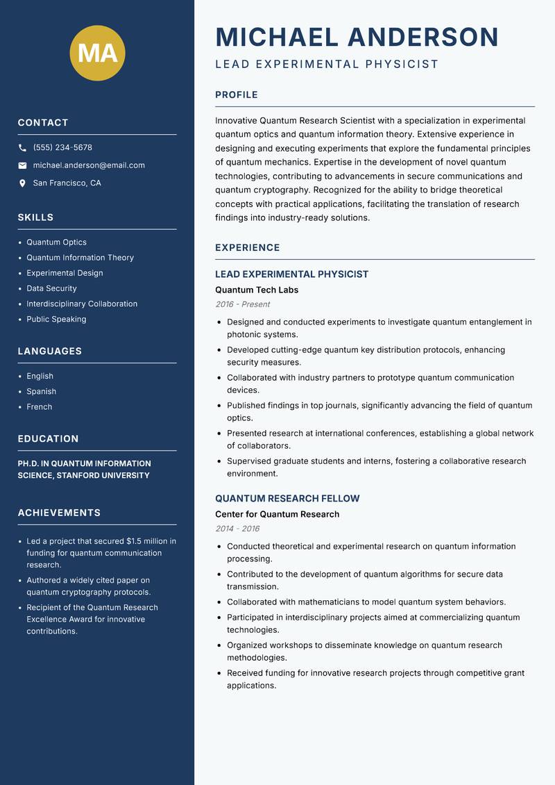 Quantum Research Scientist resume template — Classic Clean