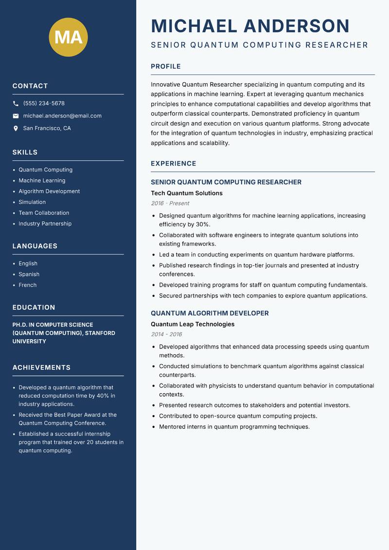Quantum Researcher resume template — Classic Clean