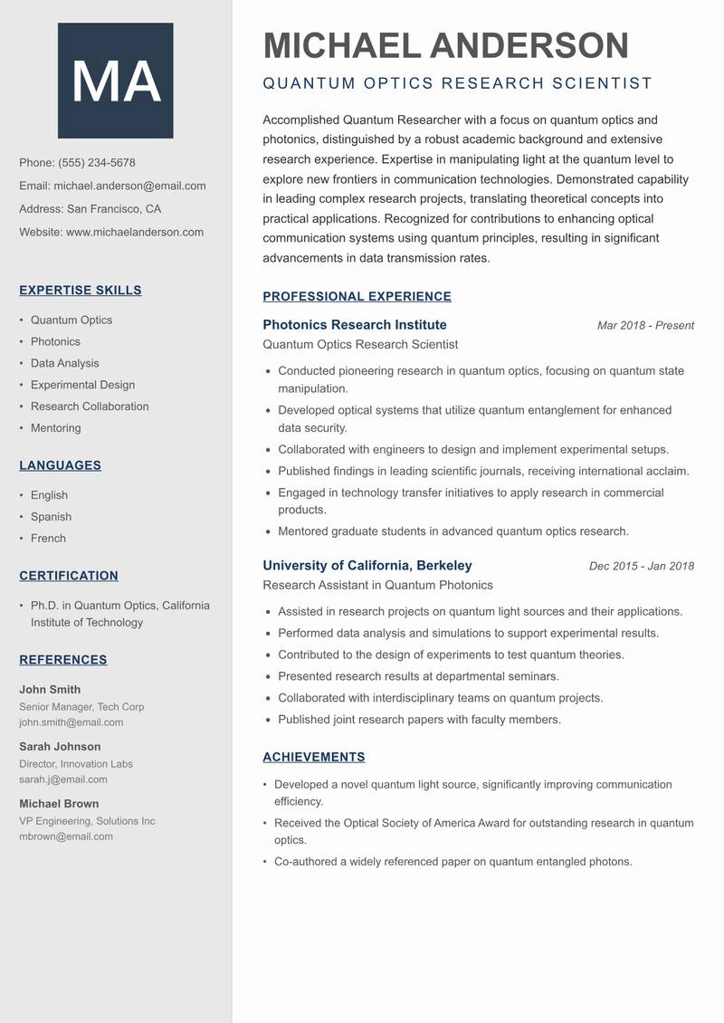 Quantum Researcher resume template — Creative Minimal