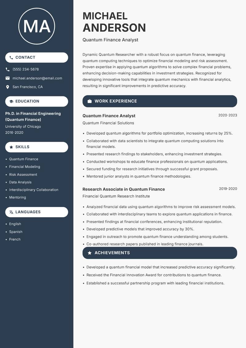 Quantum Researcher resume template — Compact