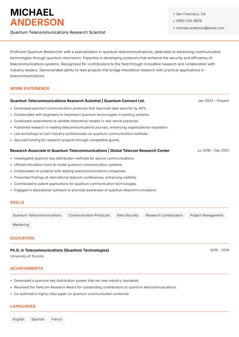 Quantum Researcher resume template — Modern Professional