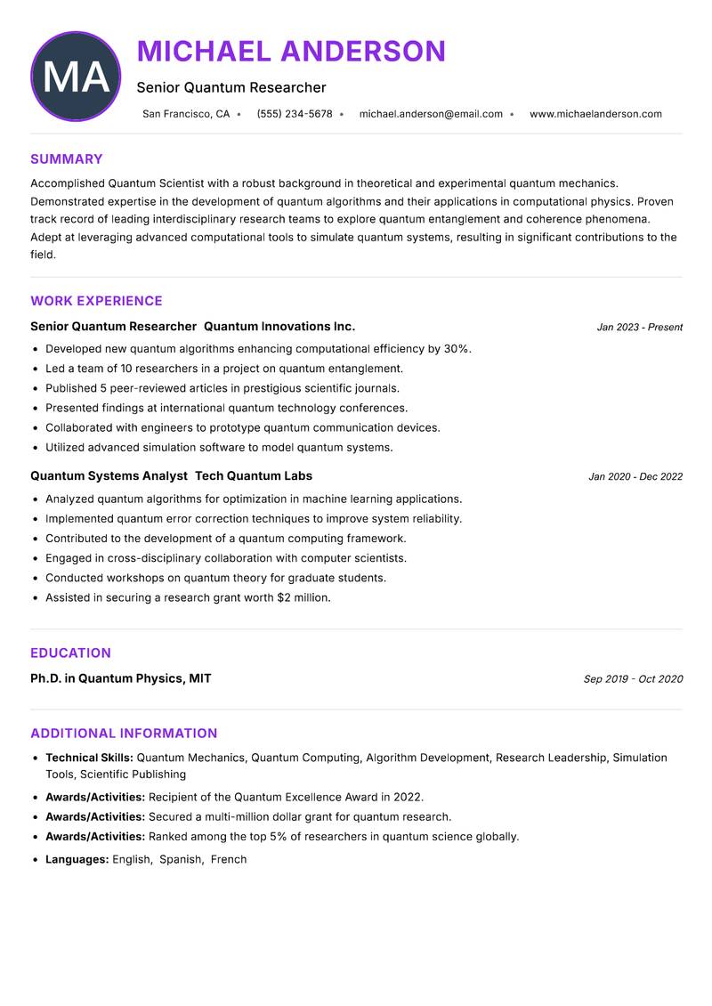 Quantum Scientist resume example — ATS-friendly template