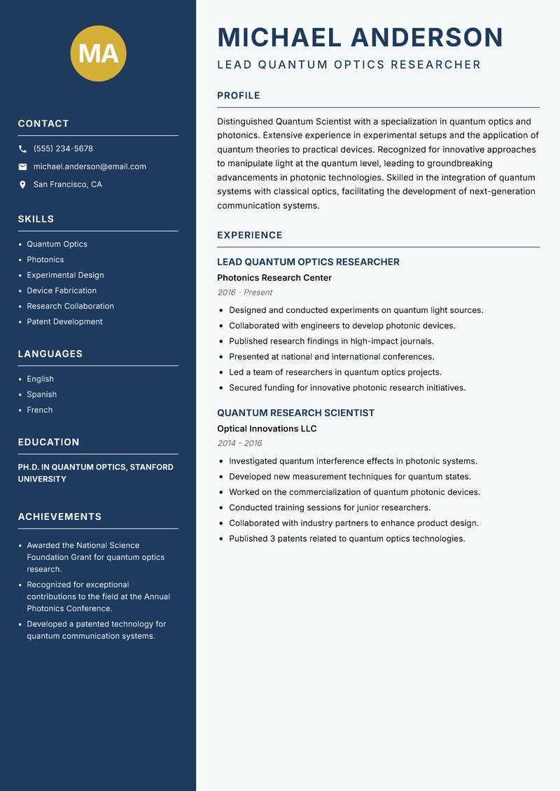 Quantum Scientist resume template — Classic Clean
