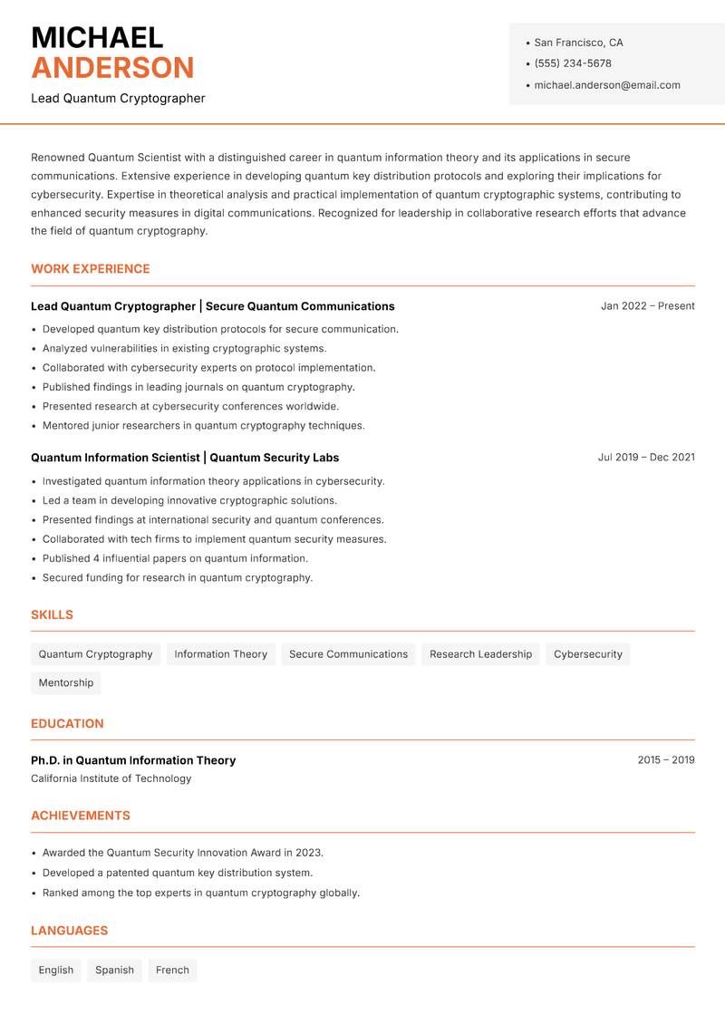 Quantum Scientist resume template — Modern Professional