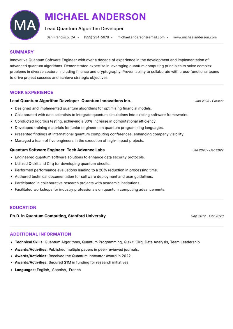 Quantum Software Engineer resume example — ATS-friendly template