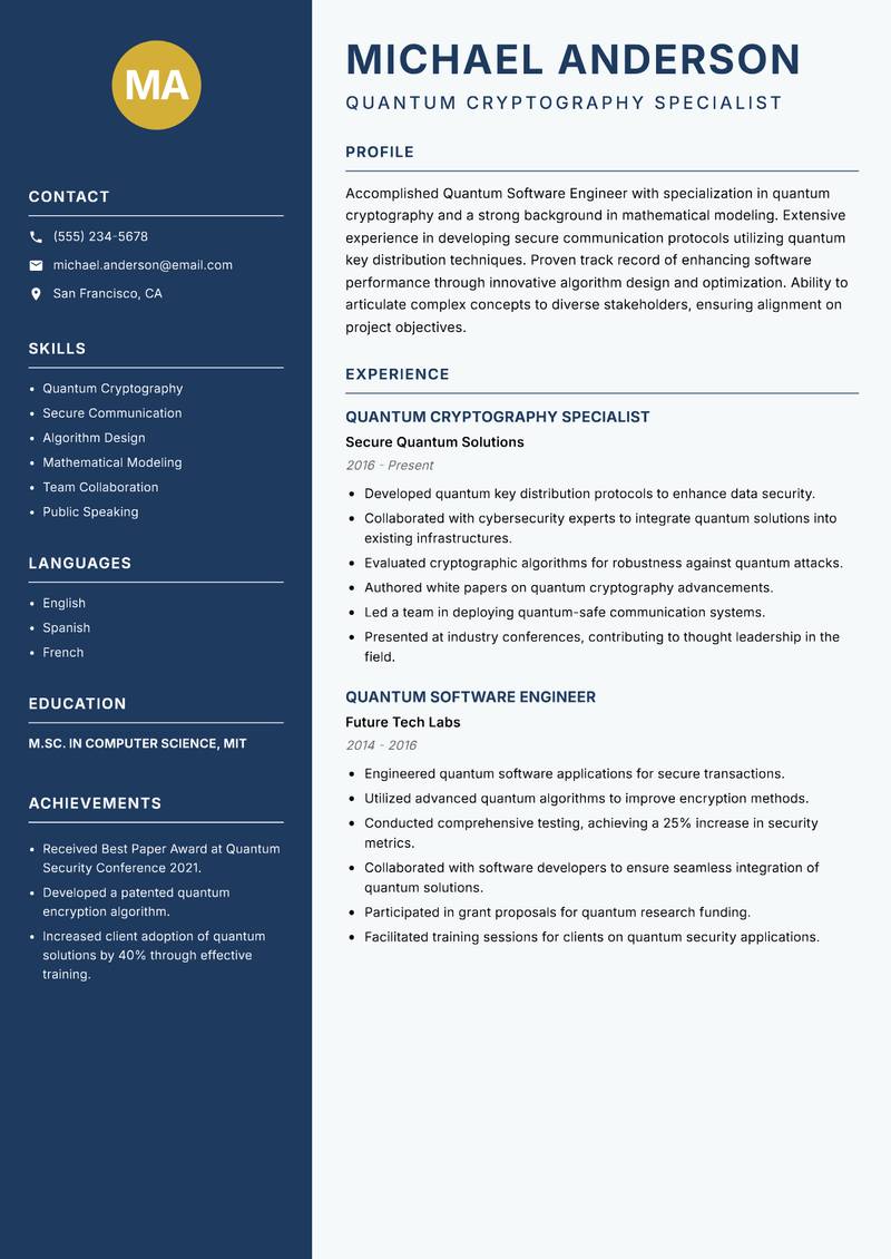 Quantum Software Engineer resume template — Classic Clean