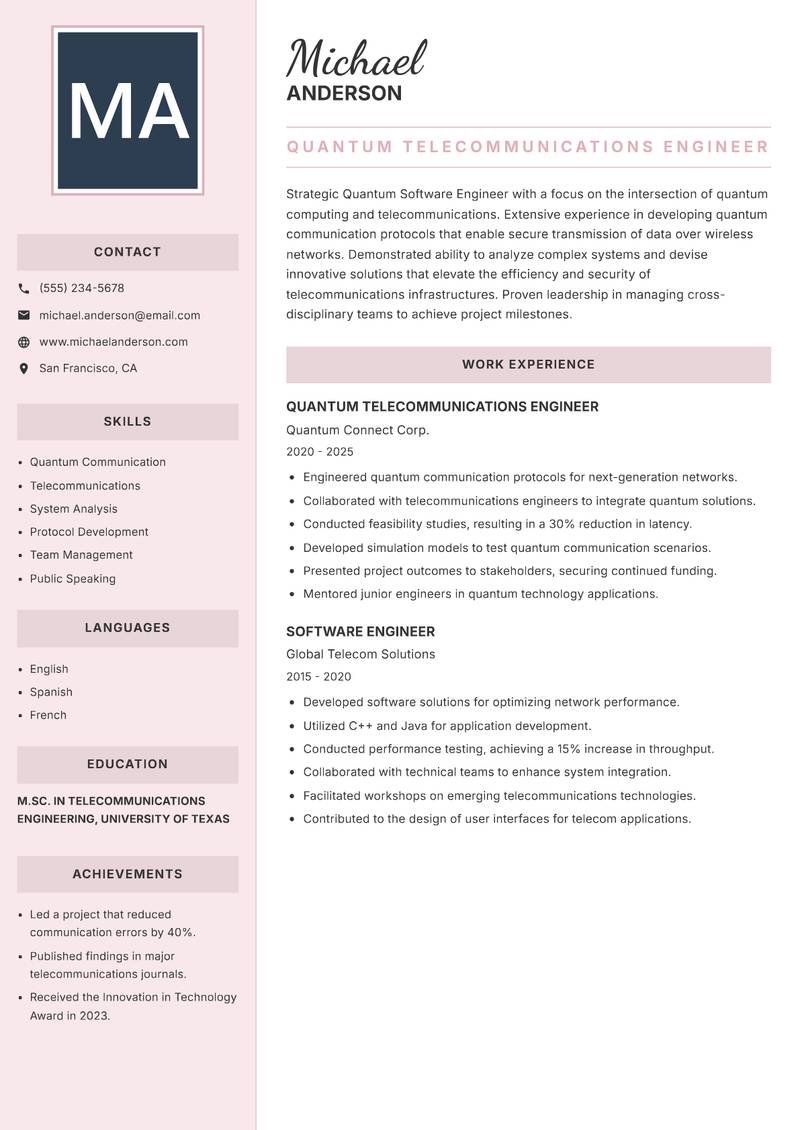Quantum Software Engineer resume template — Executive
