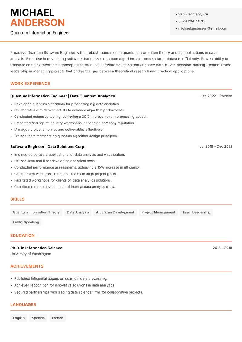 Quantum Software Engineer resume template — Modern Professional