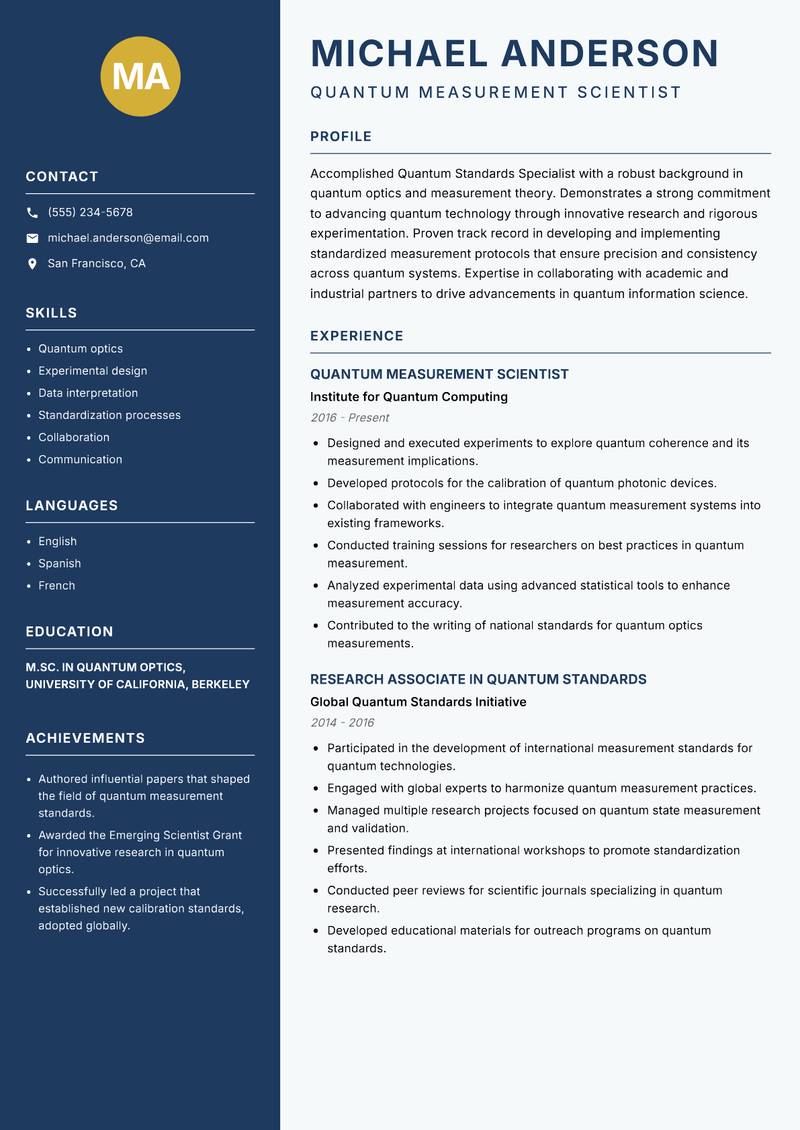 Quantum Standards Specialist resume template — Classic Clean