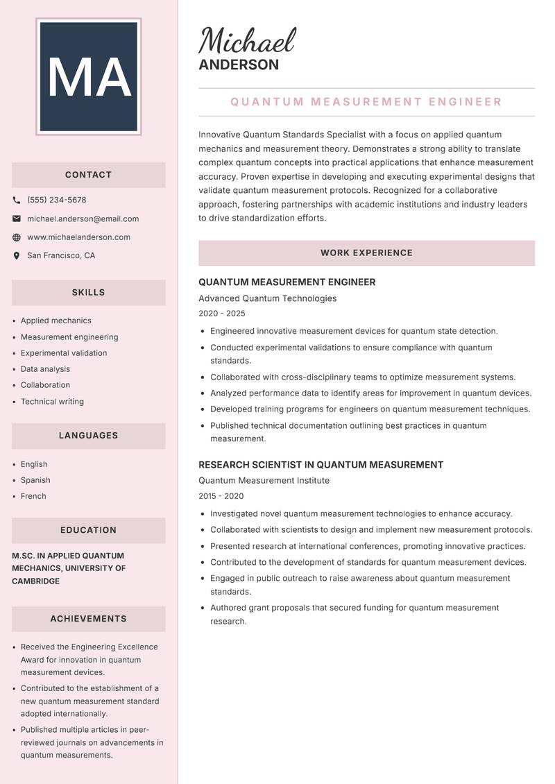 Quantum Standards Specialist resume template — Executive