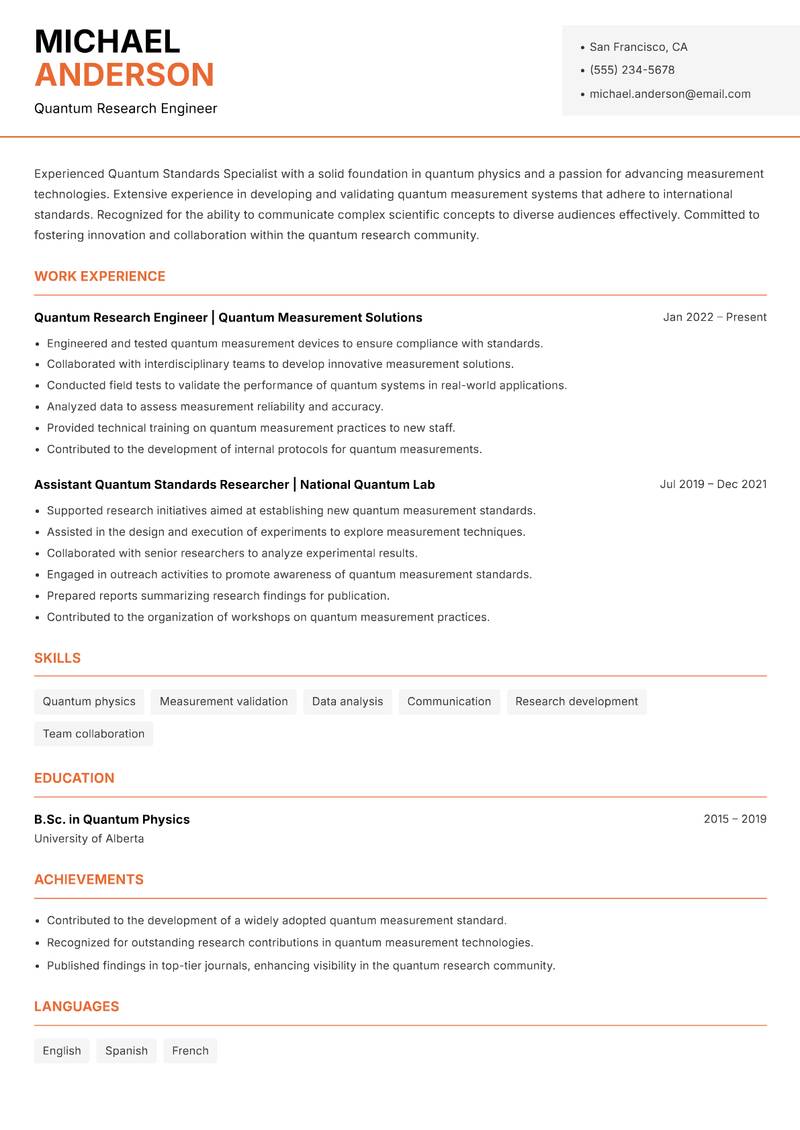 Quantum Standards Specialist resume template — Modern Professional