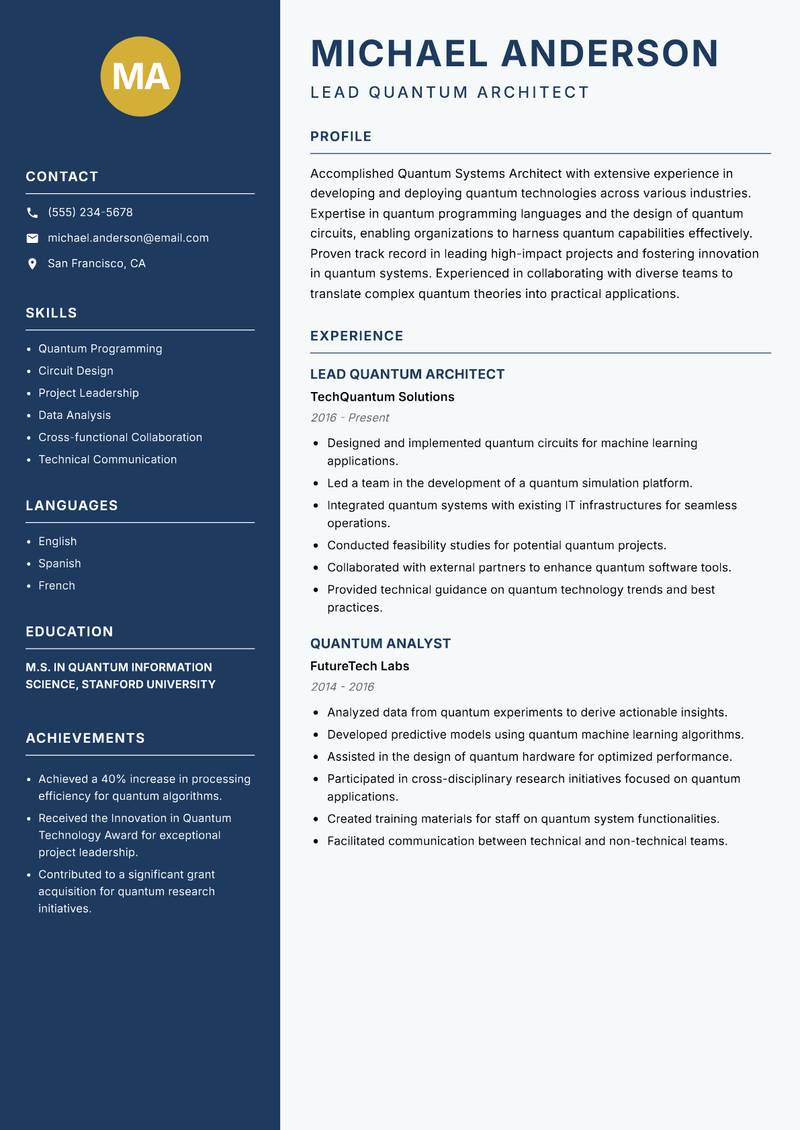 Quantum Systems Architect resume template — Classic Clean