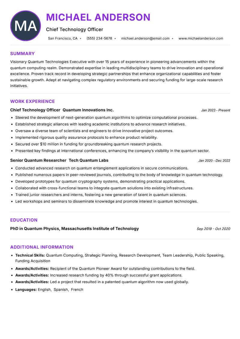 Quantum Technologies Executive resume example — ATS-friendly template