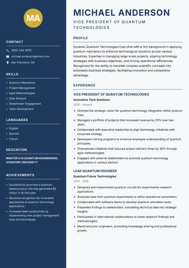 Quantum Technologies Executive resume template — Classic Clean