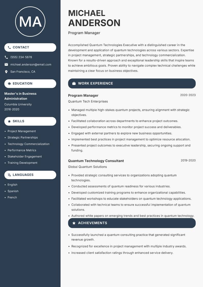 Quantum Technologies Executive resume template — Compact