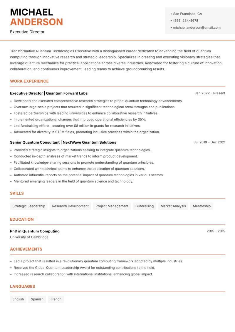 Quantum Technologies Executive resume template — Modern Professional