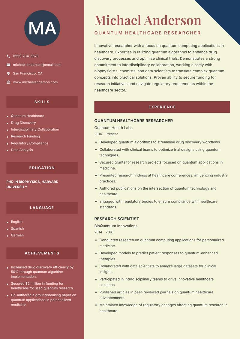 Quantum Technologies Officer resume template — Two Column