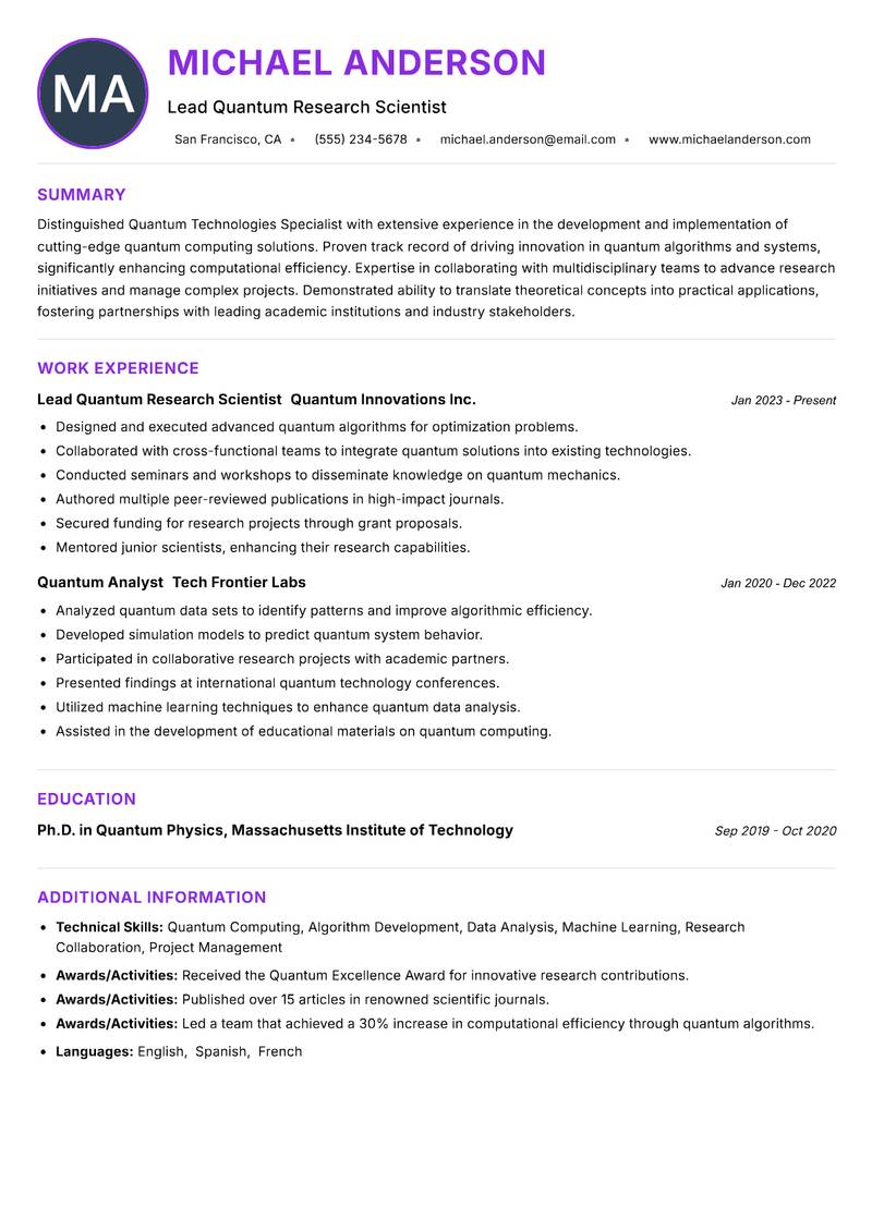 Quantum Technologies Specialist resume example — ATS-friendly template