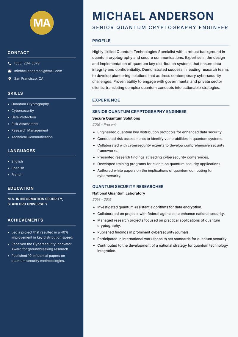 Quantum Technologies Specialist resume template — Classic Clean