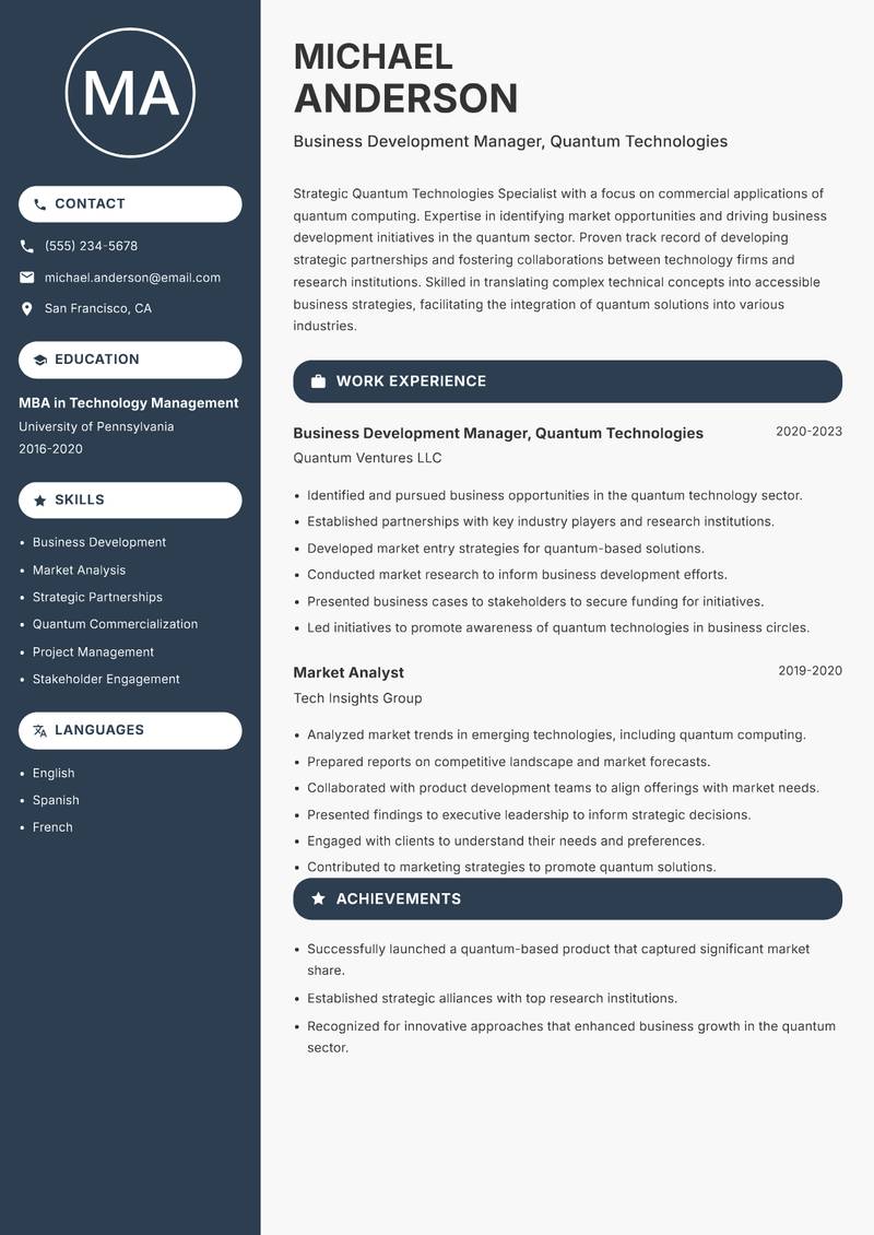 Quantum Technologies Specialist resume template — Compact