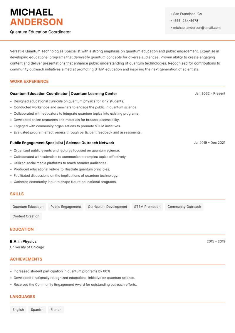 Quantum Technologies Specialist resume template — Modern Professional