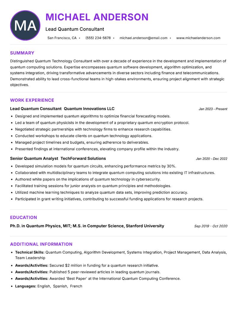 Quantum Technology Consultant resume example — ATS-friendly template