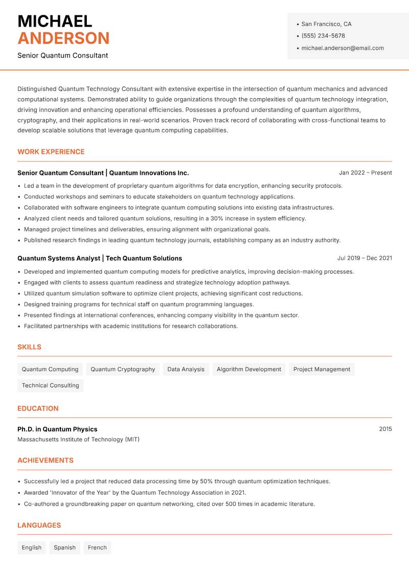 Quantum Technology Consultant resume template — Modern Professional