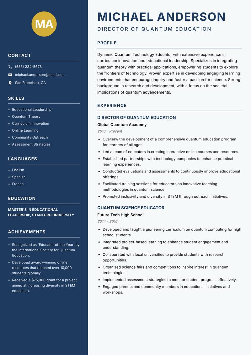 Quantum Technology Educator resume template — Classic Clean