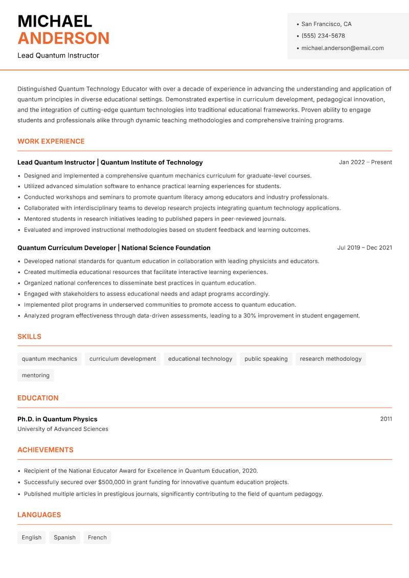 Quantum Technology Educator resume template — Modern Professional