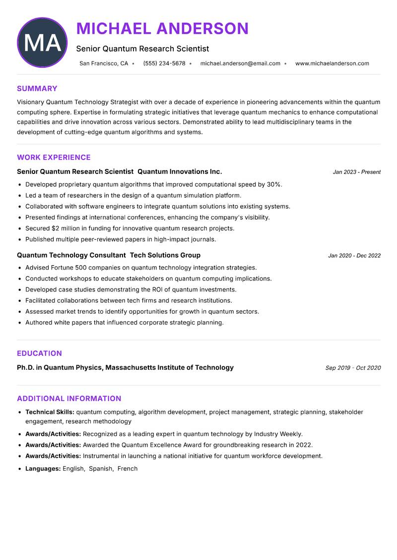 Quantum Technology Strategist resume example — ATS-friendly template