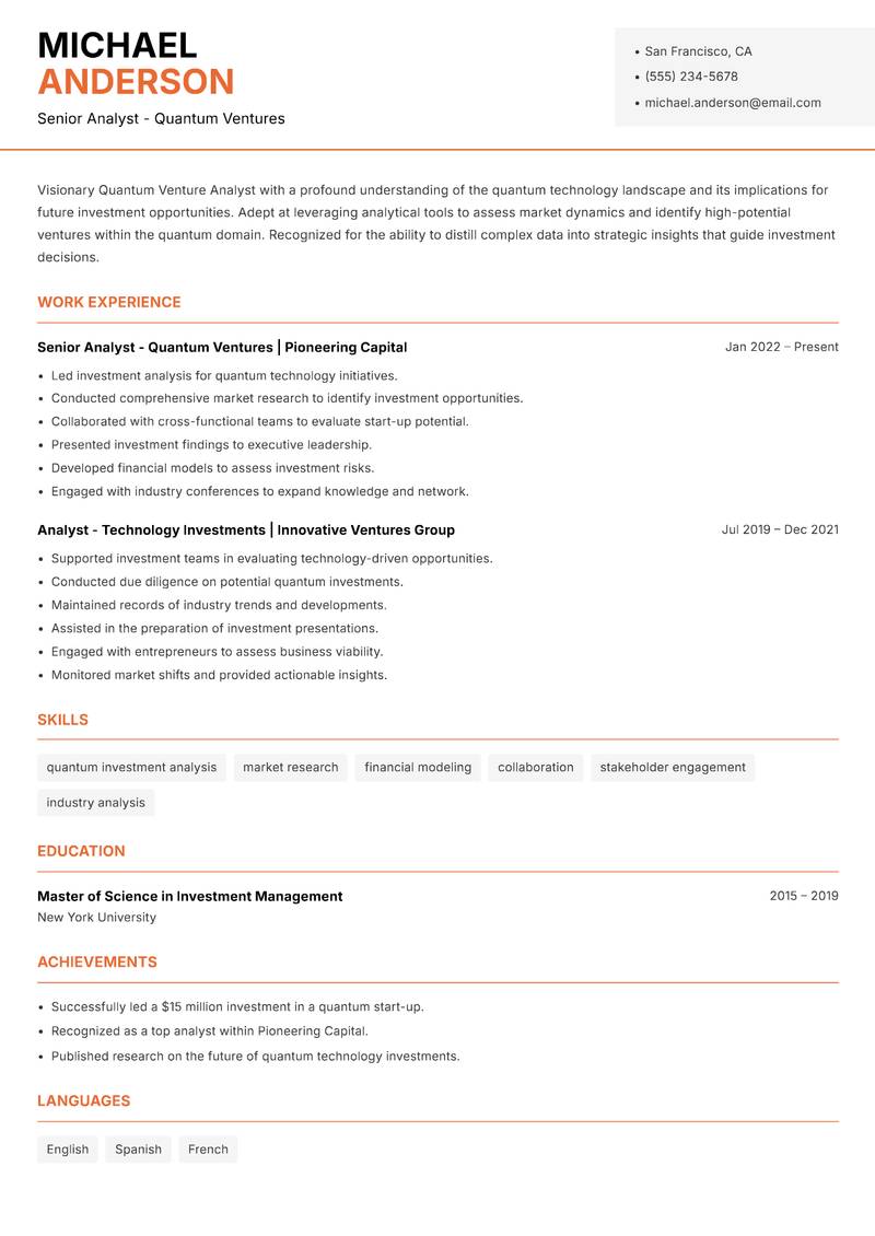 Quantum Venture Analyst resume template — Modern Professional