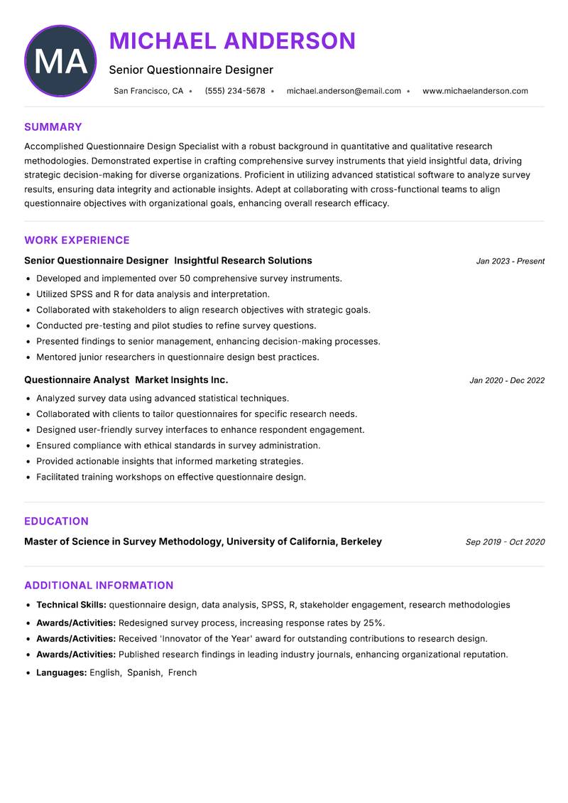 Questionnaire Design Specialist resume example — ATS-friendly template