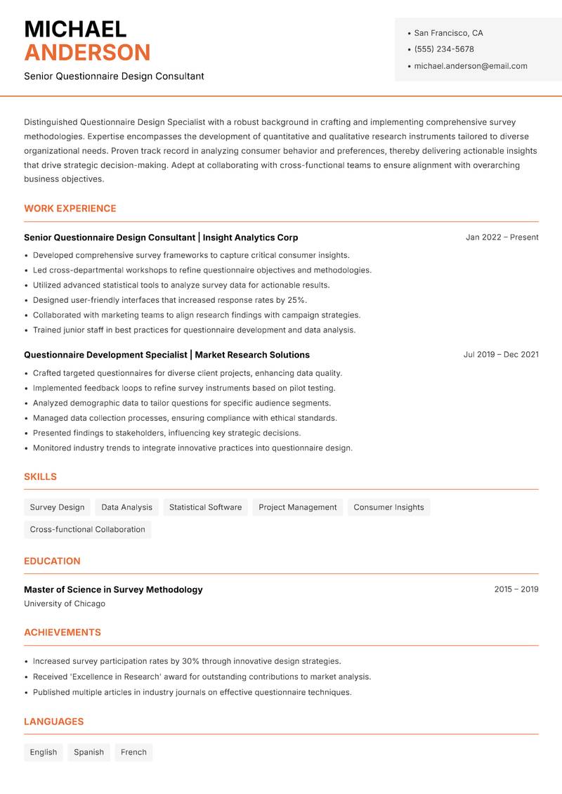 Questionnaire Design Specialist resume template — Modern Professional