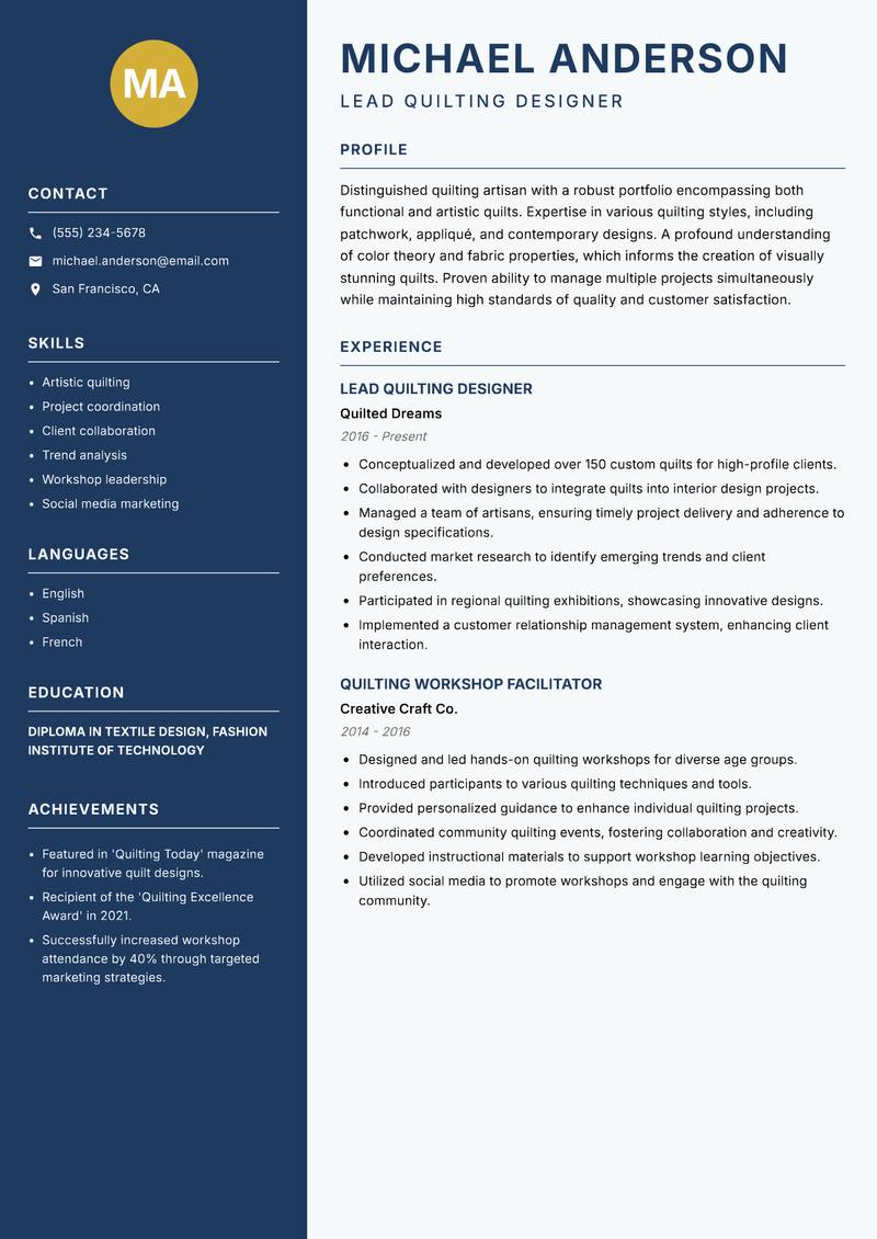 Quilting Artisan resume template — Classic Clean