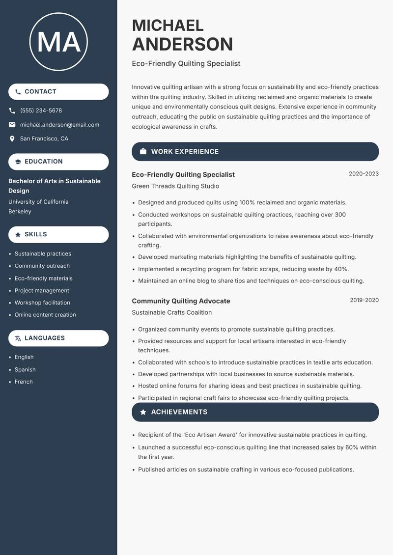 Quilting Artisan resume template — Compact