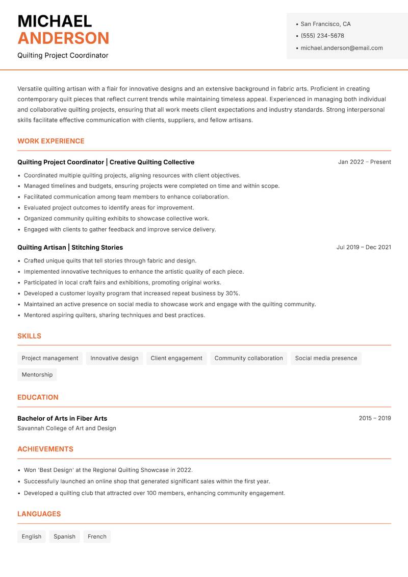 Quilting Artisan resume template — Modern Professional