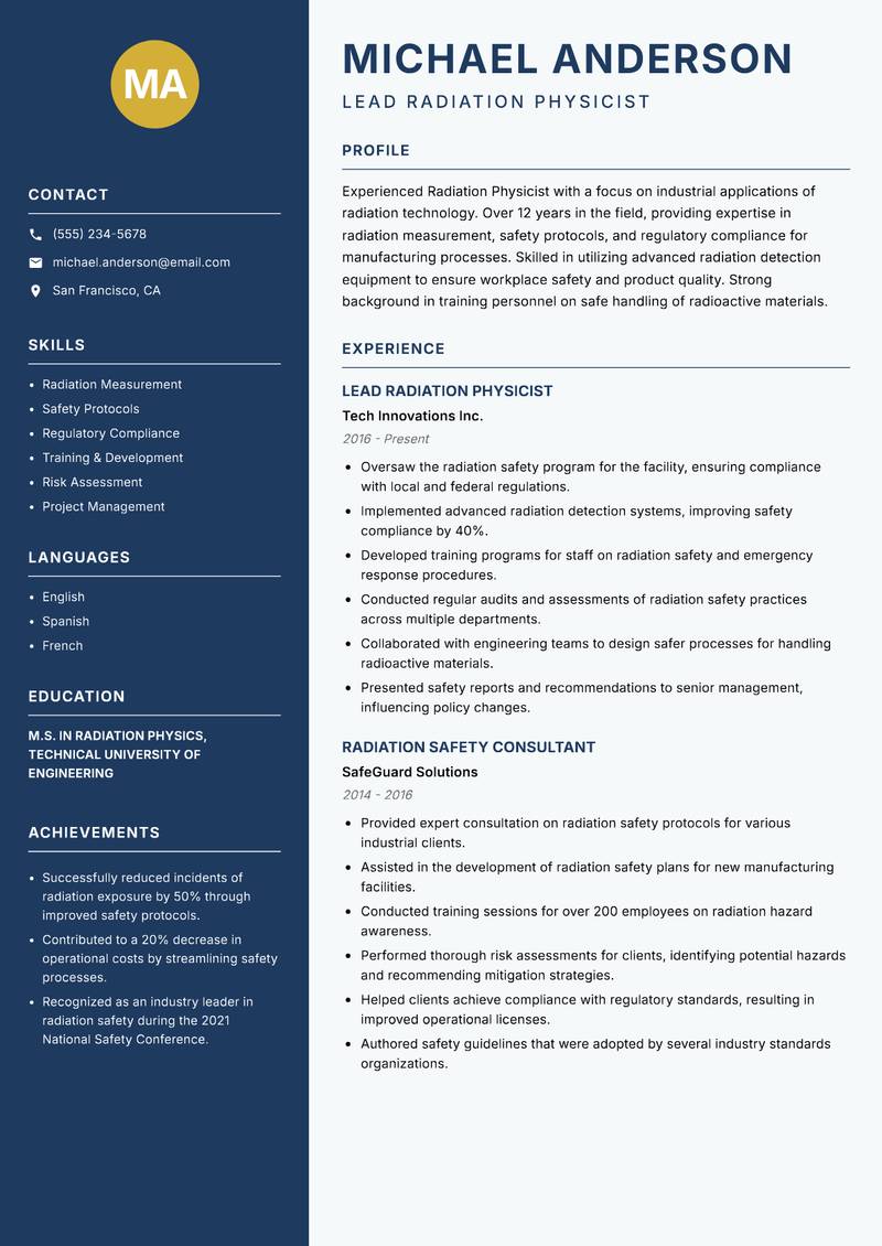 Radiation Physicist resume template — Classic Clean