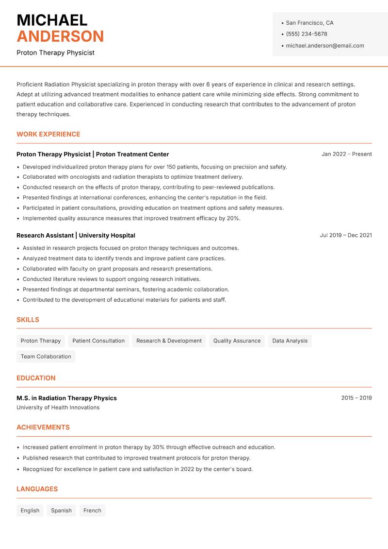 Radiation Physicist resume template — Modern Professional