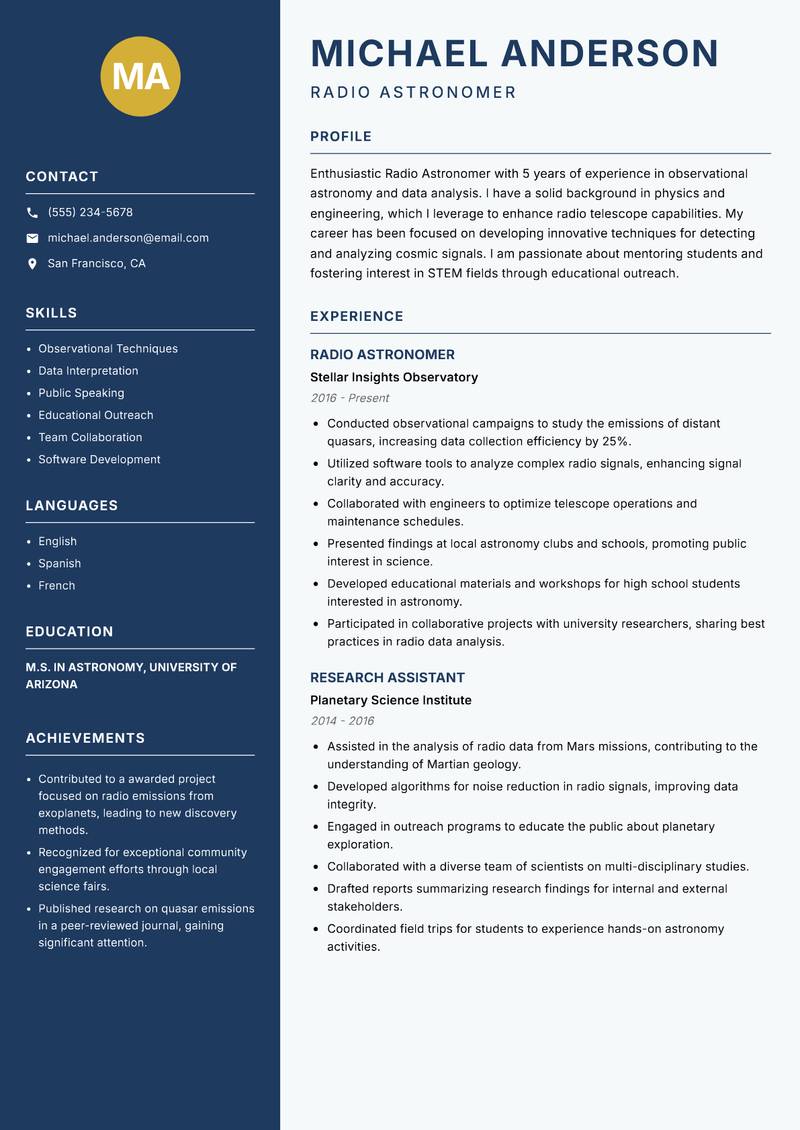 Radio Astronomer resume template — Classic Clean